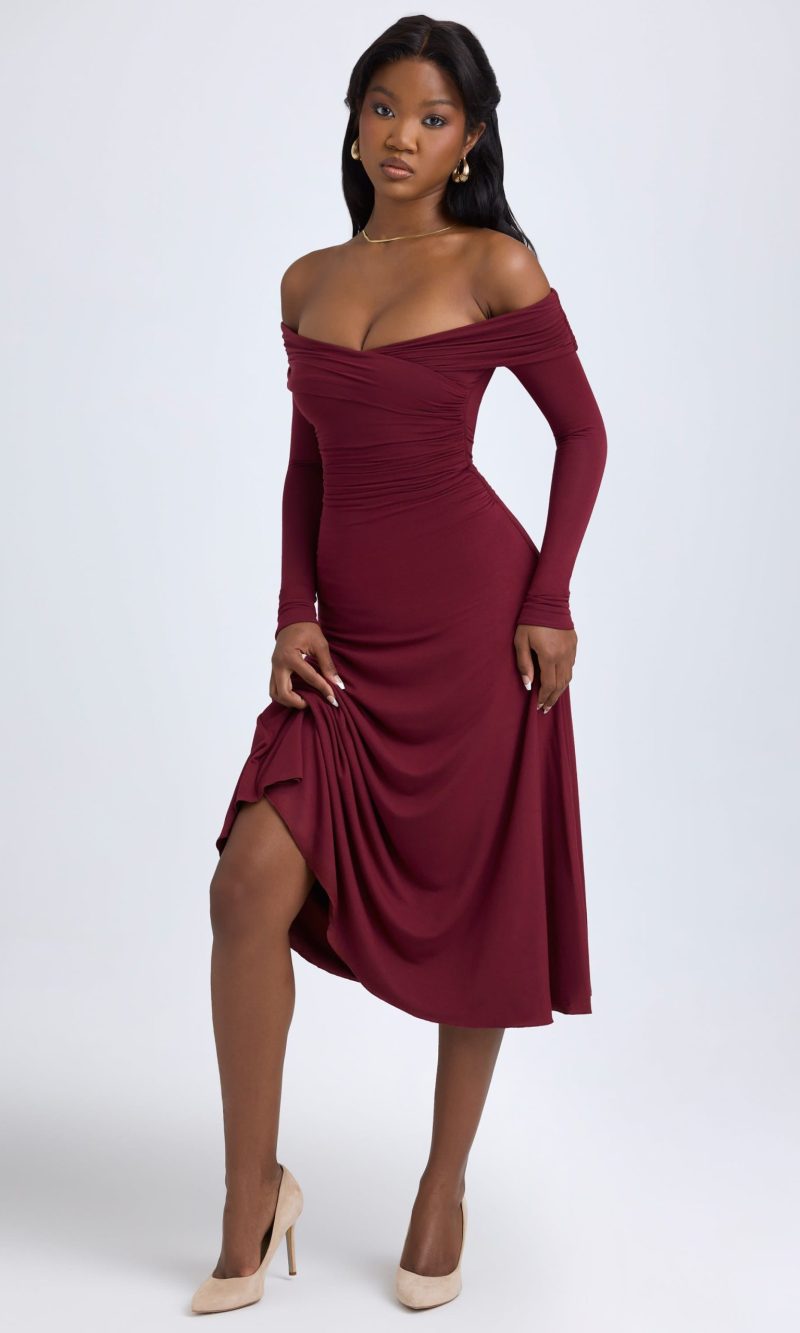 Modal Off-Shoulder Ruched Midaxi Dress in Wine Red