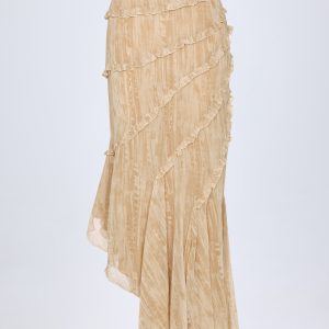 Ruffled Asymmetric Mid-Rise Maxi Skirt in Tan Print