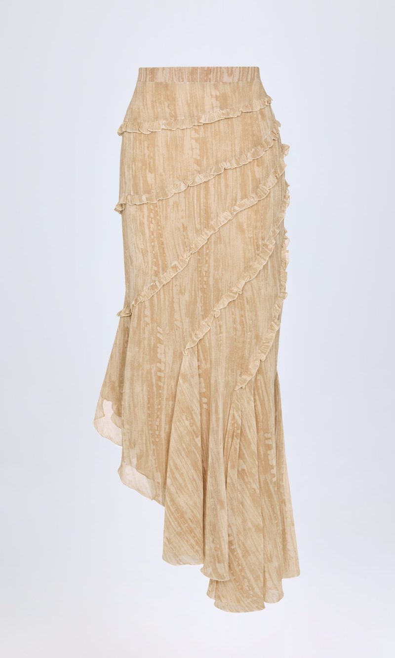 Ruffled Asymmetric Mid-Rise Maxi Skirt in Tan Print