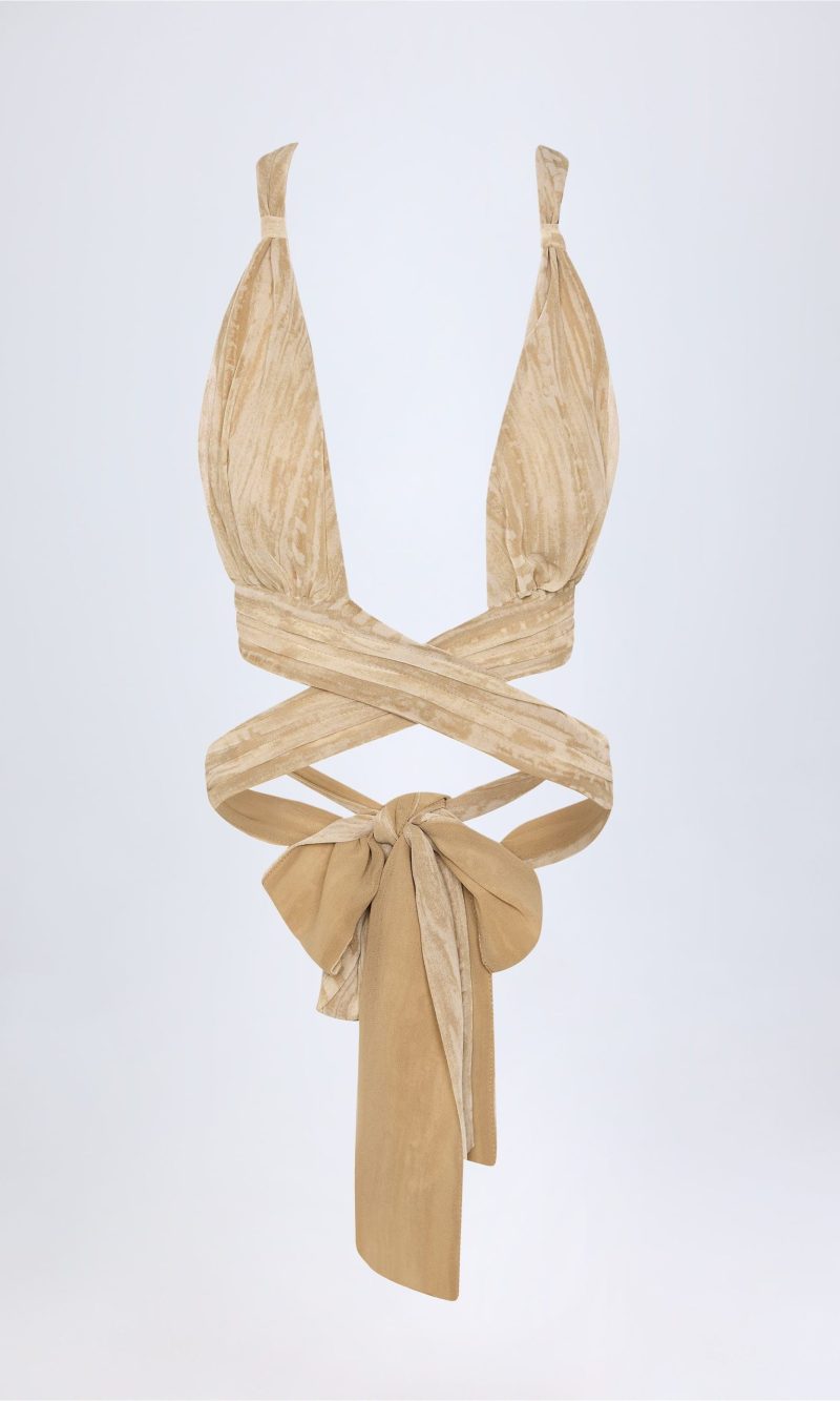 Ruched Halterneck Crop Top in Tan Print
