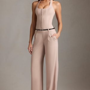 Corset-Detail Halterneck Jumpsuit in Mushroom