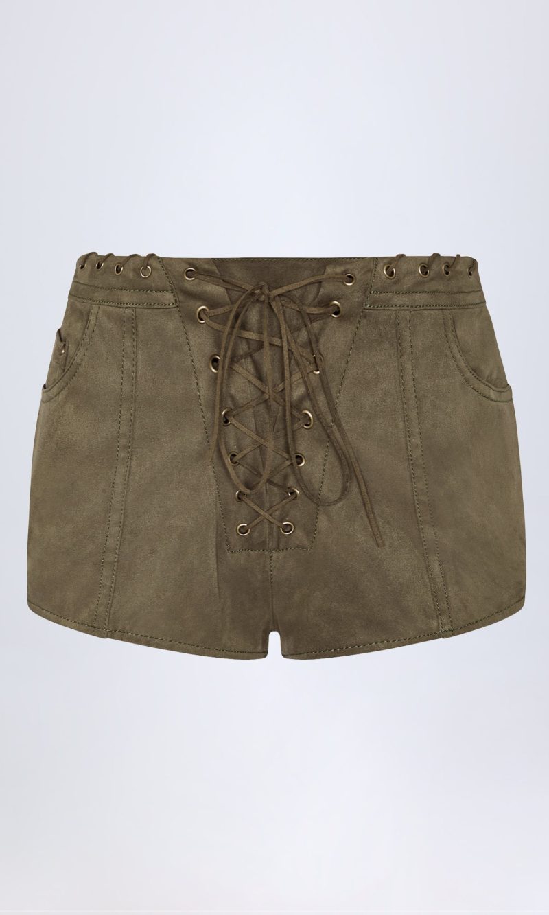 Lace-Up Mid-Rise Shorts in Dark Khaki
