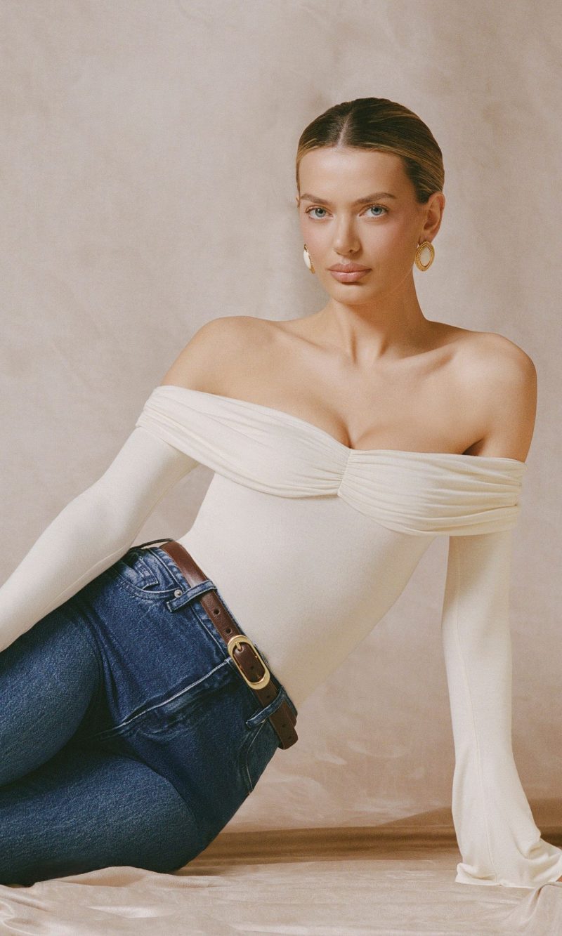 Modal-Cashmere Blend Off-Shoulder Ruched Top in Ivory
