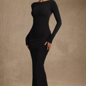 Modal Ruched Backless Maxi Dress in Black