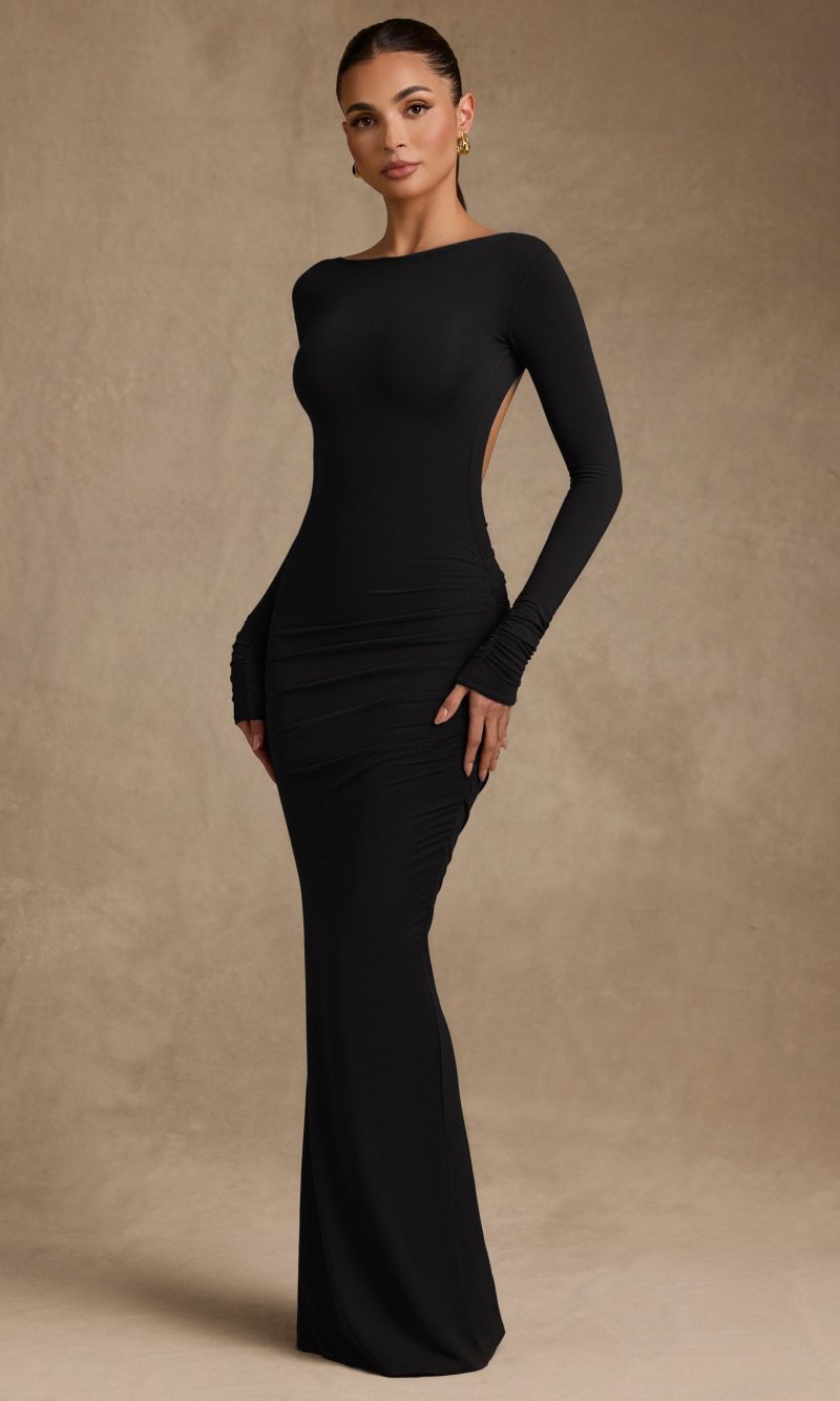 Modal Ruched Backless Maxi Dress in Black