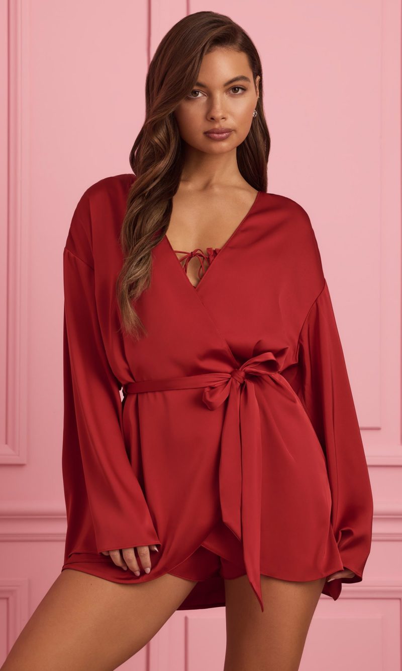 Embellished Wrap-Over Robe in Ruby Red