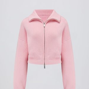 Ribbed-Knit Cropped Zip-Up Sweatshirt in Pale Pink