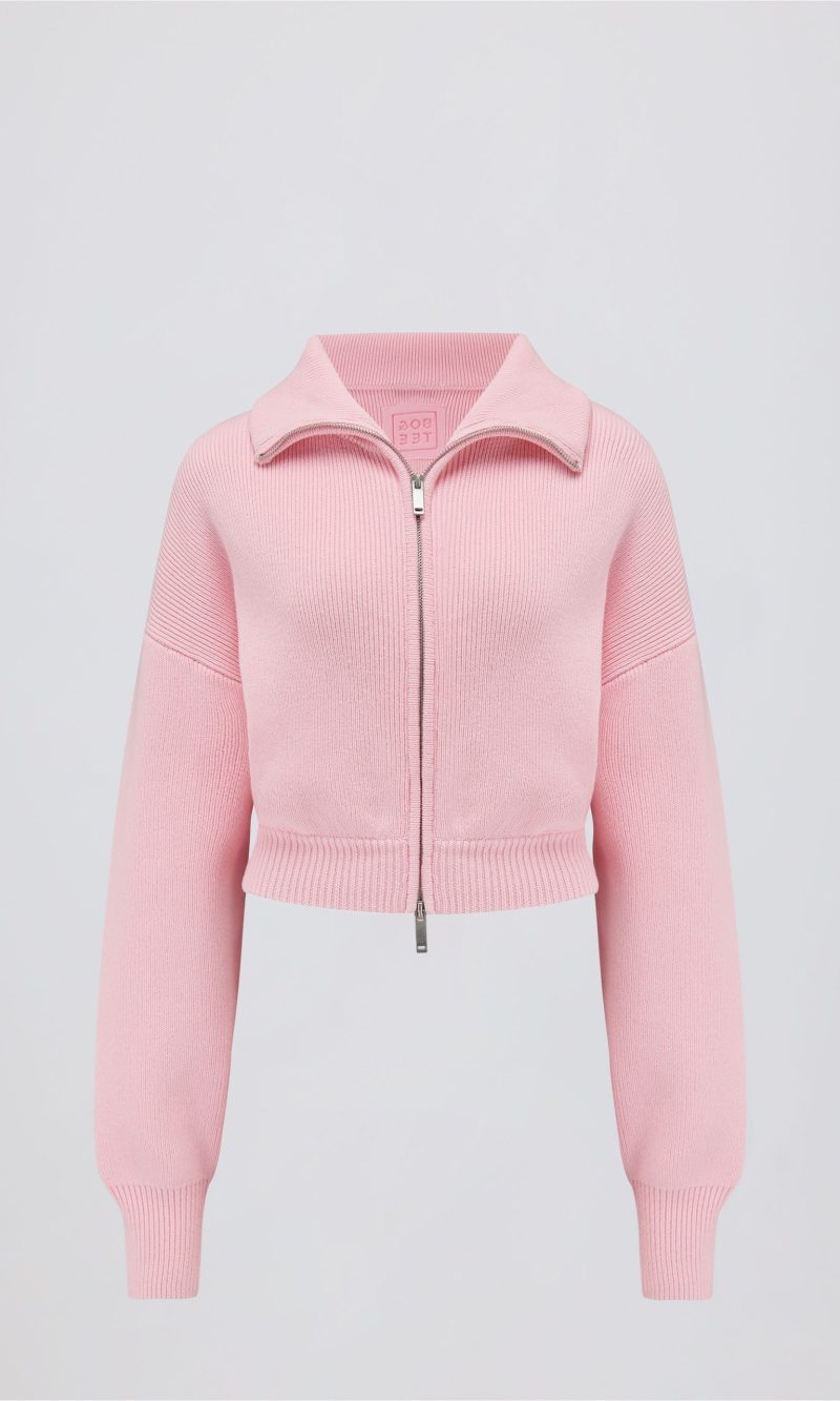 Ribbed-Knit Cropped Zip-Up Sweatshirt in Pale Pink