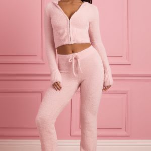 Fluffy Knit Wide-Leg Trousers in Baby Pink