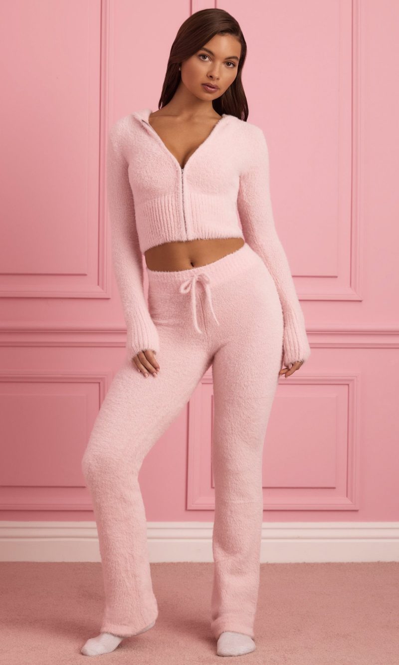 Fluffy Knit Wide-Leg Trousers in Baby Pink
