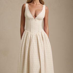 Broderie Anglaise Bow-Detail A-Line Midaxi Dress in Ivory
