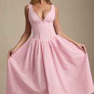 Broderie Anglaise Bow-Detail A-Line Midaxi Dress in Soft Pink