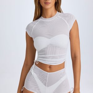 Sheer Ruched Cropped T-Shirt in White
