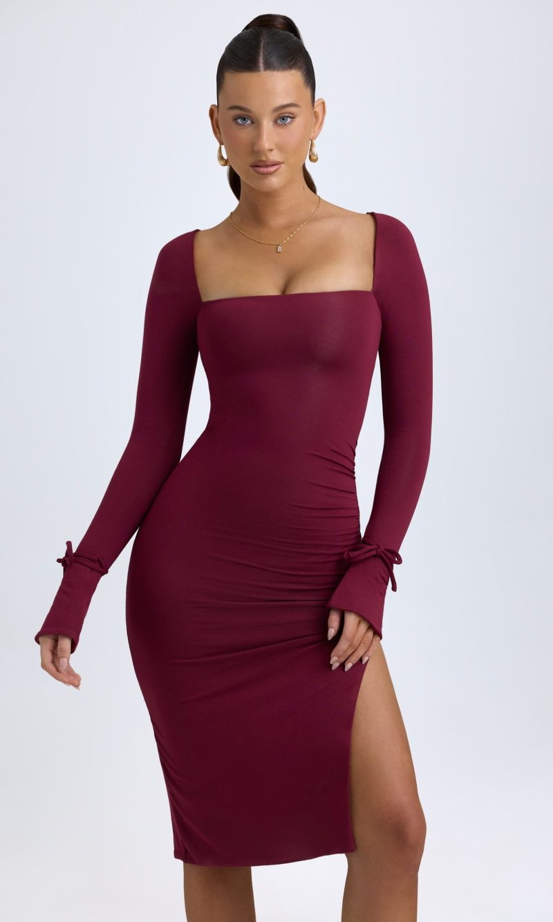 Modal Square-Neck Midi Dress in Wine Red