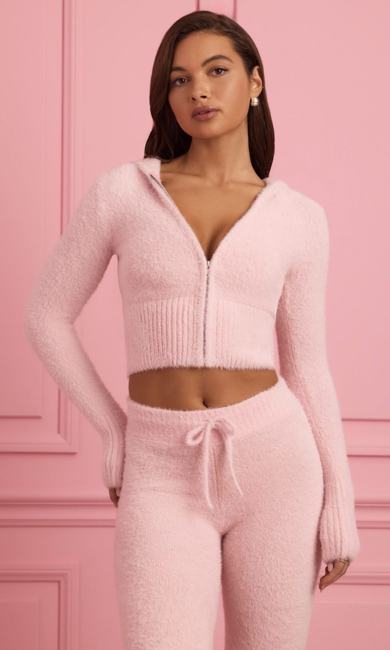 Fluffy Knit Zip-Up Hoodie in Baby Pink