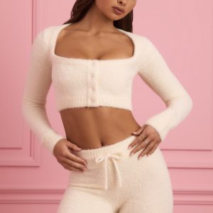 Fluffy Knit Cropped Cardigan in Ivory