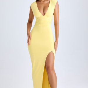 Modal High-Split Plunge-Neck Maxi Dress in Lemon Sherbet