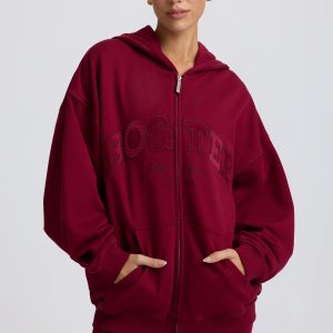 Oversized Zip-Up Hoodie in Burgundy