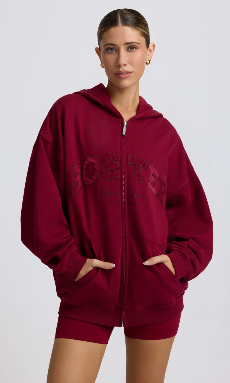 Oversized Zip-Up Hoodie in Burgundy