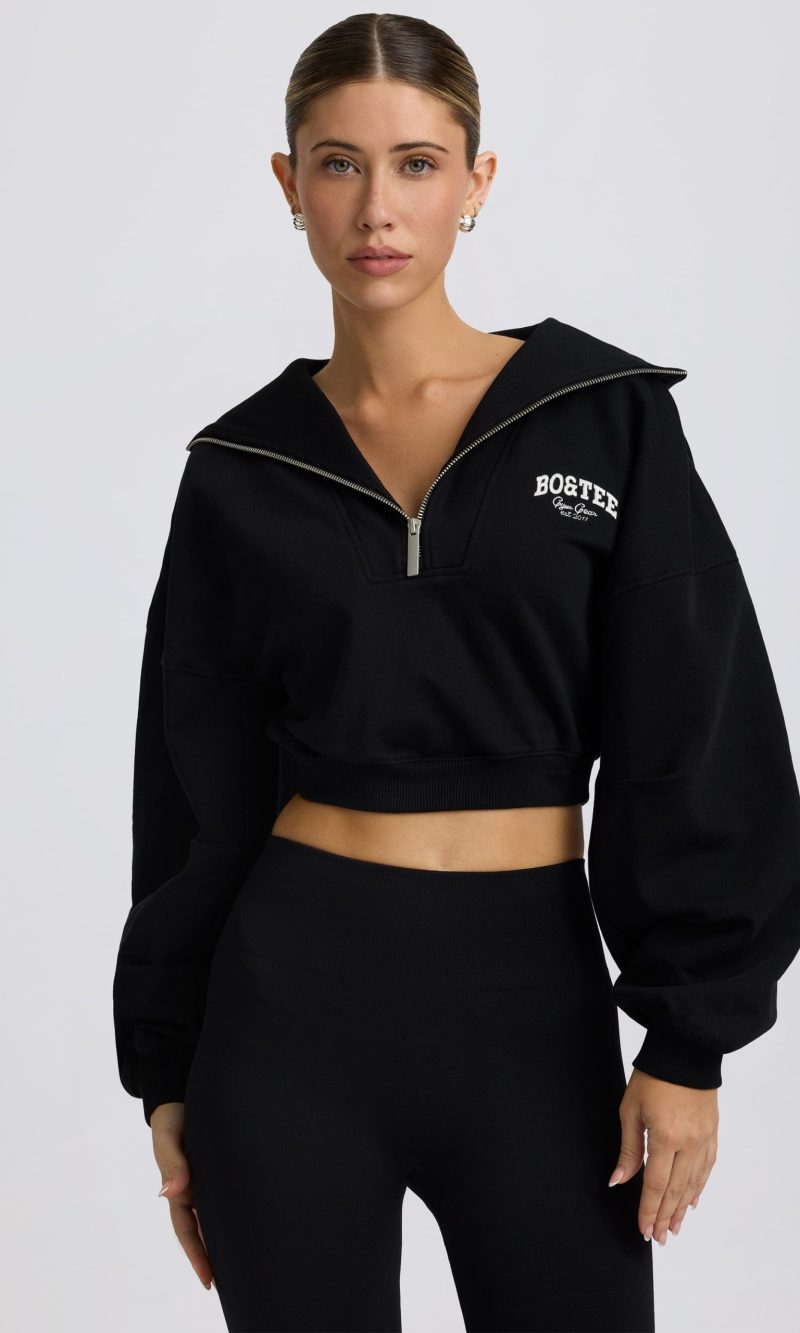 Quarter-Zip Cropped Sweatshirt in Black