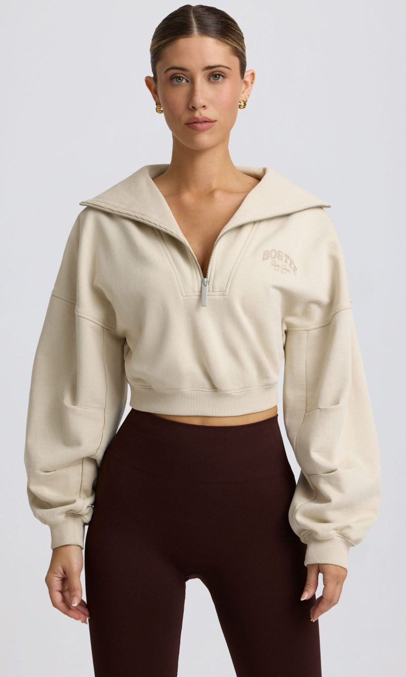 Quarter-Zip Cropped Sweatshirt in Bone