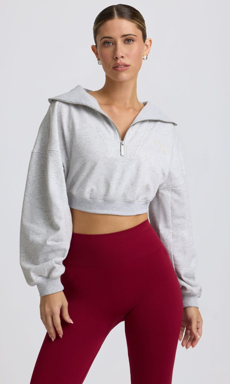 Quarter-Zip Cropped Sweatshirt in Grey Marl
