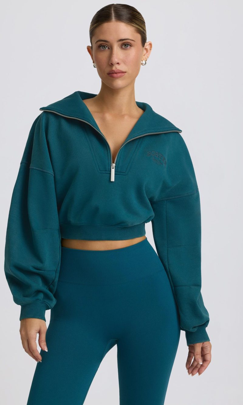 Quarter-Zip Cropped Sweatshirt in Teal