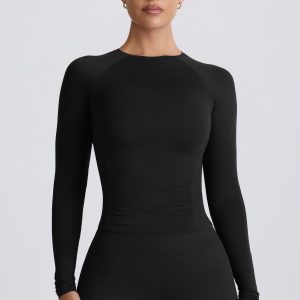 Modal Ruched Long-Sleeve Top in Black