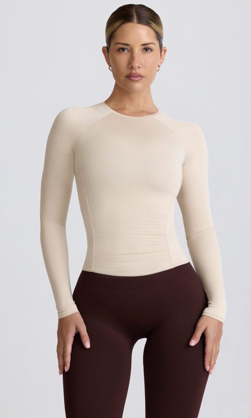 Modal Ruched Long-Sleeve Top in Bone