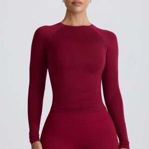 Modal Ruched Long-Sleeve Top in Burgundy