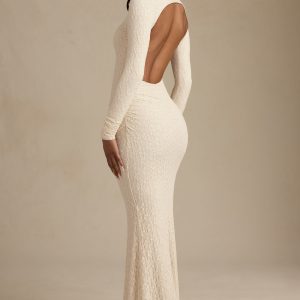Ruched Backless Lace Maxi Dress in Ivory