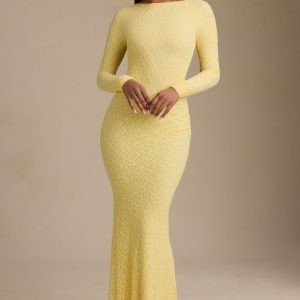 Ruched Backless Lace Maxi Dress in Pastel Yellow