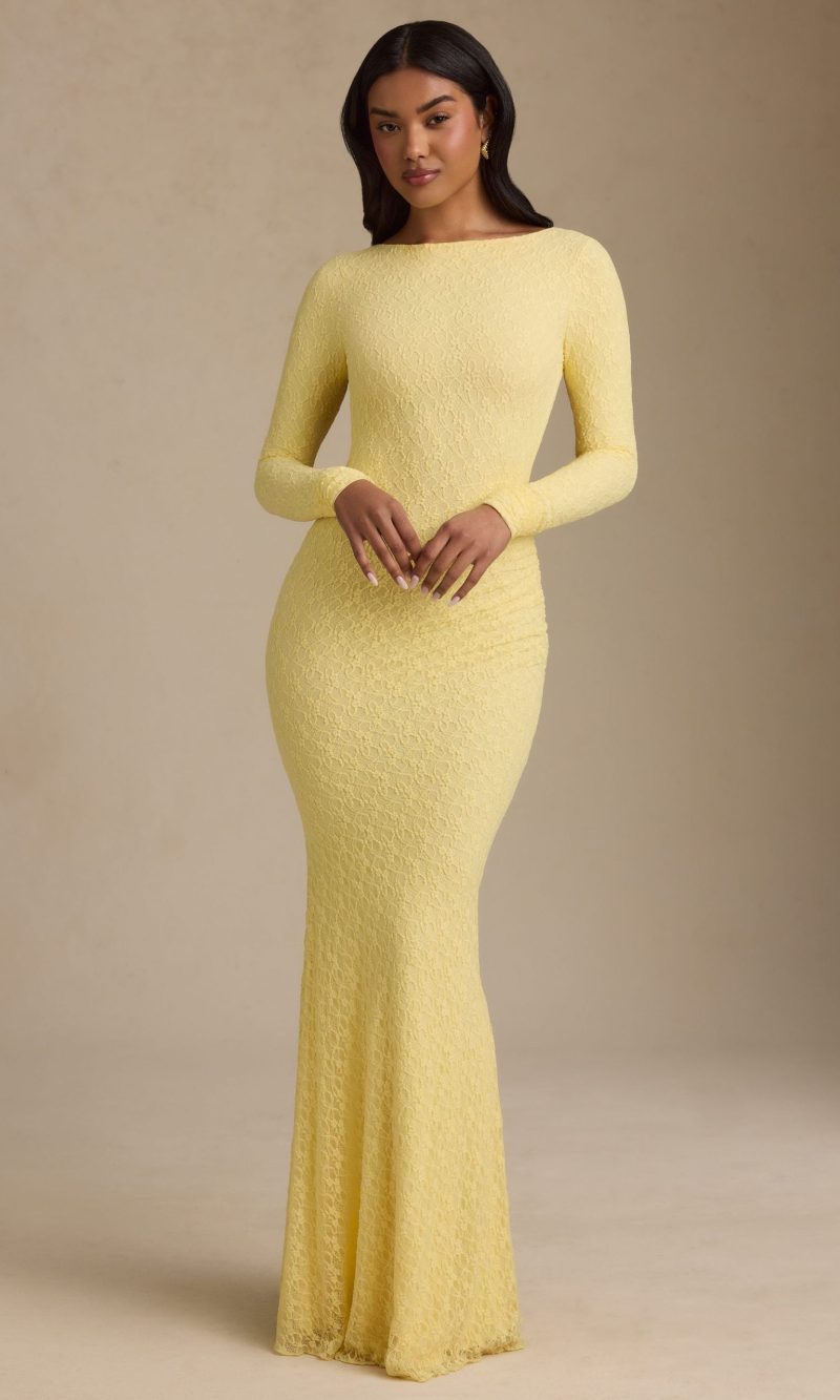 Ruched Backless Lace Maxi Dress in Pastel Yellow