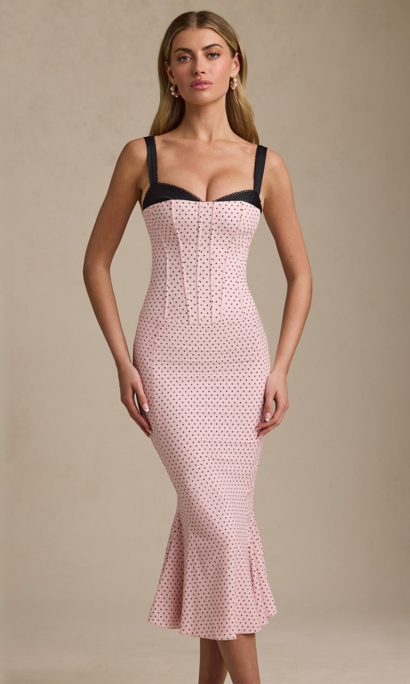 Layered Bra-Detail Fishtail Midaxi Dress in Pink Polka Dot