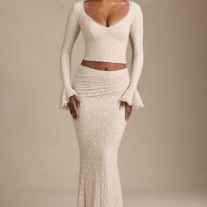 Draped Low-Rise Lace Maxi Skirt in Ivory
