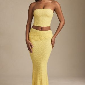 Draped Low-Rise Lace Maxi Skirt in Pastel Yellow