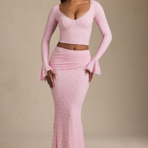 Draped Low-Rise Lace Maxi Skirt in Soft Pink