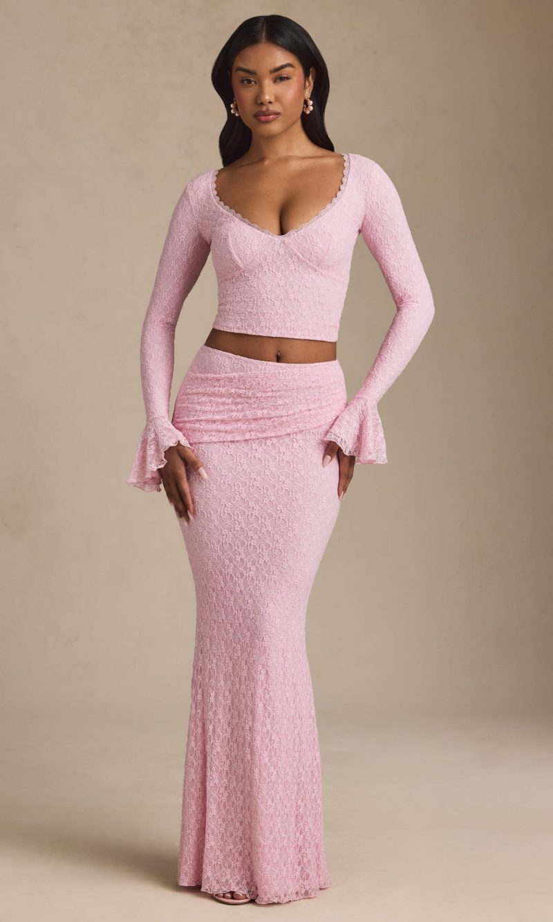Draped Low-Rise Lace Maxi Skirt in Soft Pink