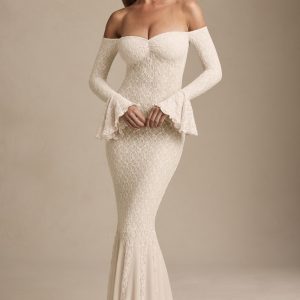 Off-Shoulder Ruffle Lace Maxi Dress in Ivory