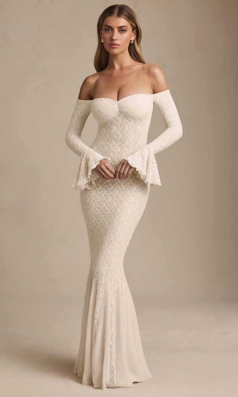 Off-Shoulder Ruffle Lace Maxi Dress in Ivory