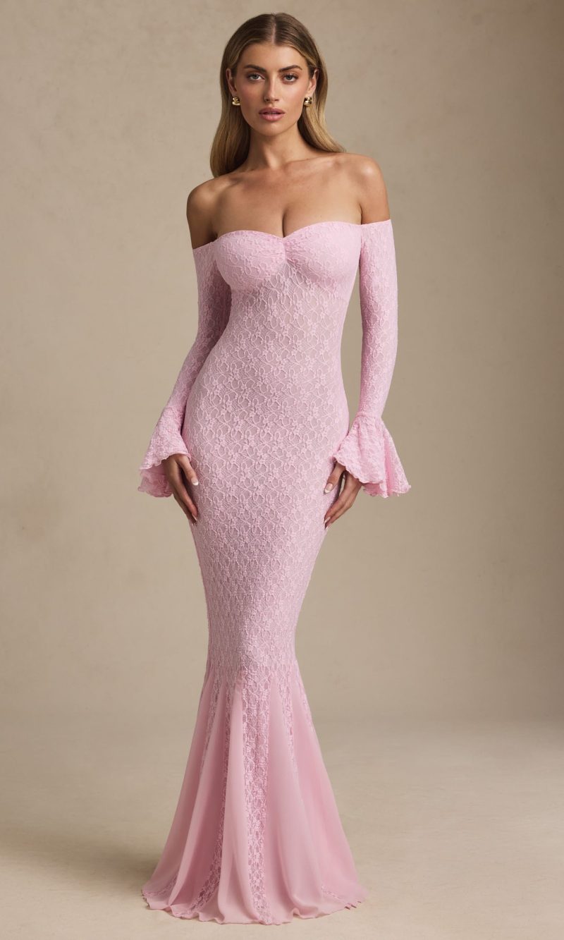 Off-Shoulder Ruffle Lace Maxi Dress in Soft Pink
