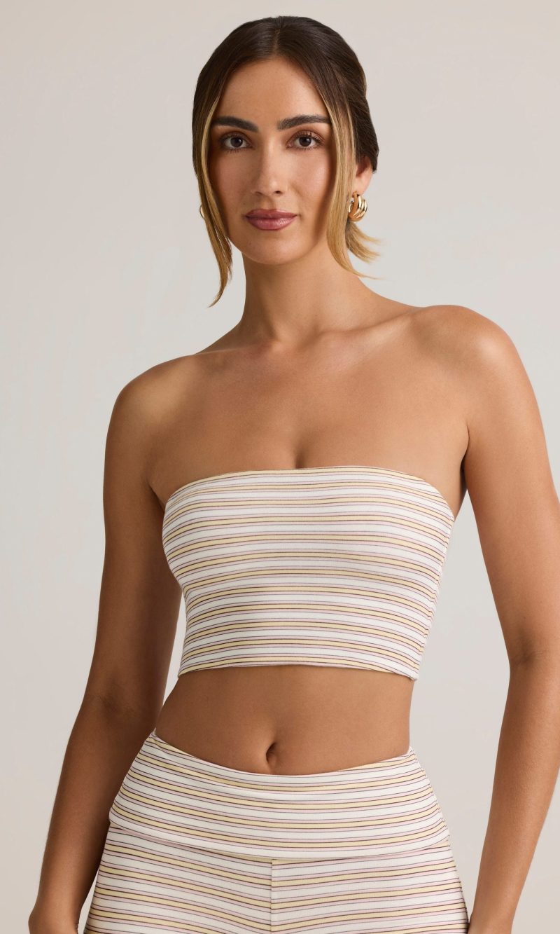 Modal Strapless Crop Top in Pink & Yellow Stripe - S