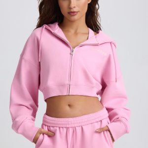 Cropped Zip-Up Hoodie in Baby Pink