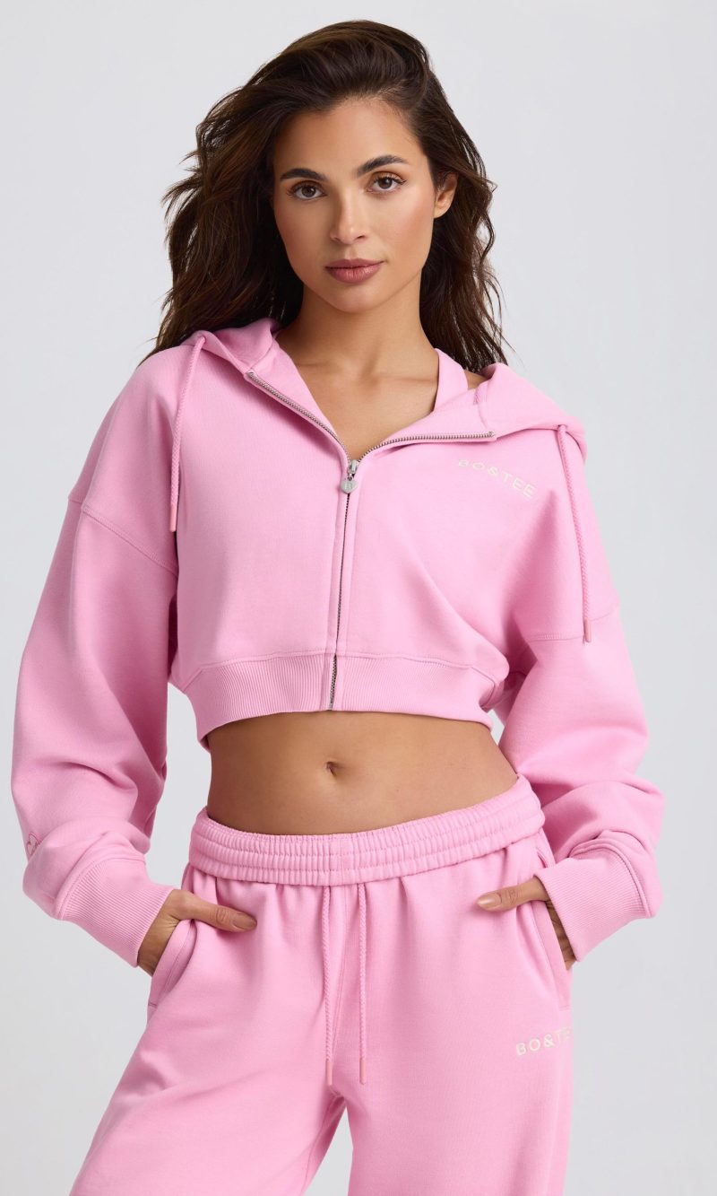 Cropped Zip-Up Hoodie in Baby Pink