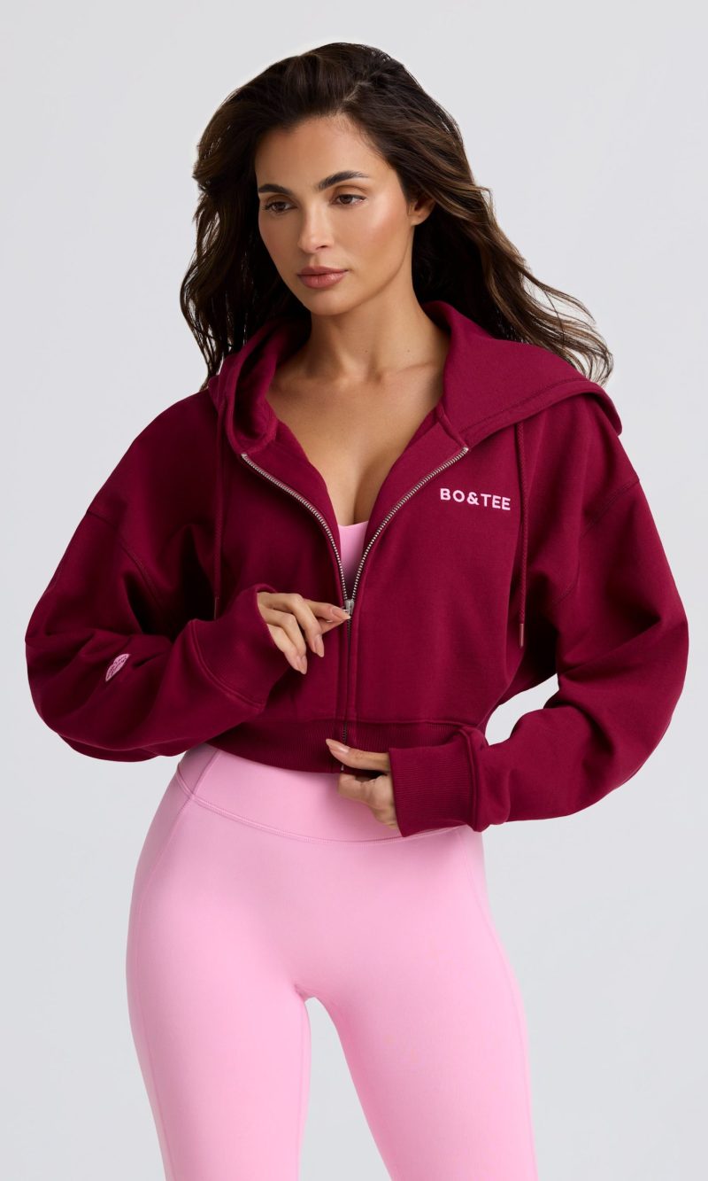 Cropped Zip-Up Hoodie in Burgundy