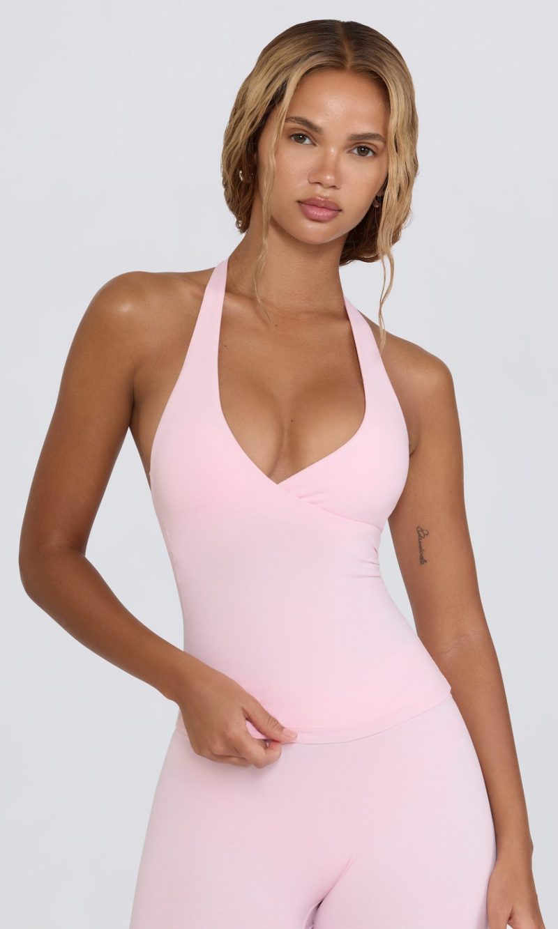 Wrap Halterneck Tank Top in Pale Pink Marl