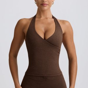 Wrap Halterneck Tank Top in Pecan Marl