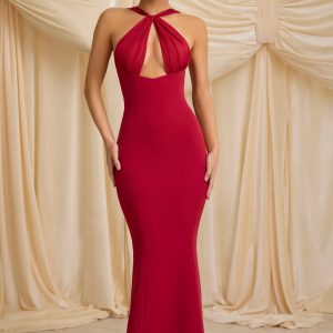 Pearl-Detail Halterneck Maxi Dress in True Red