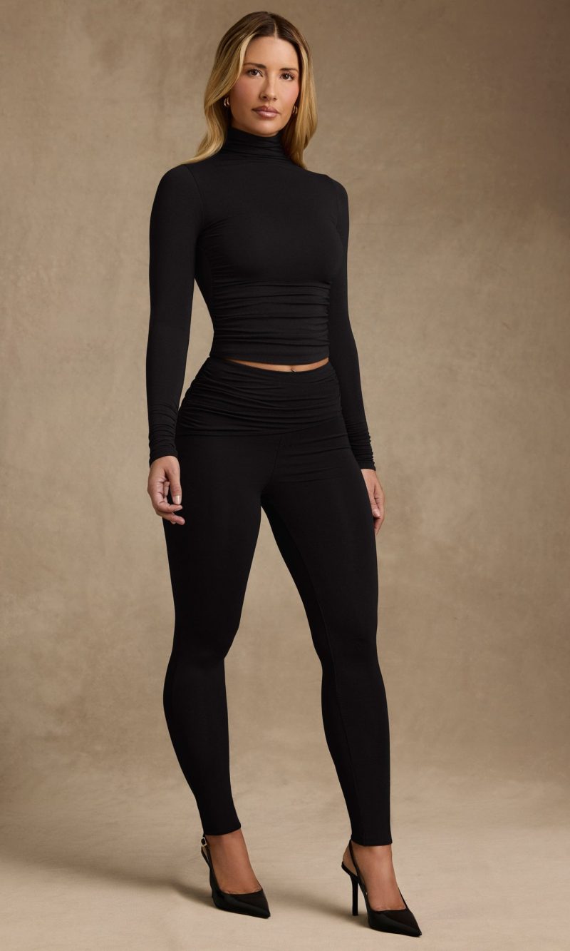 Modal Ruched Mid-Rise Leggings in Black