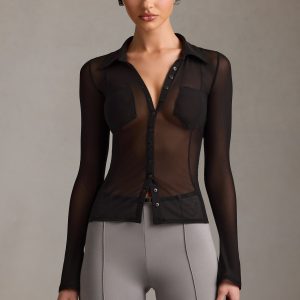 Sheer Long-Sleeve Shirt in Black